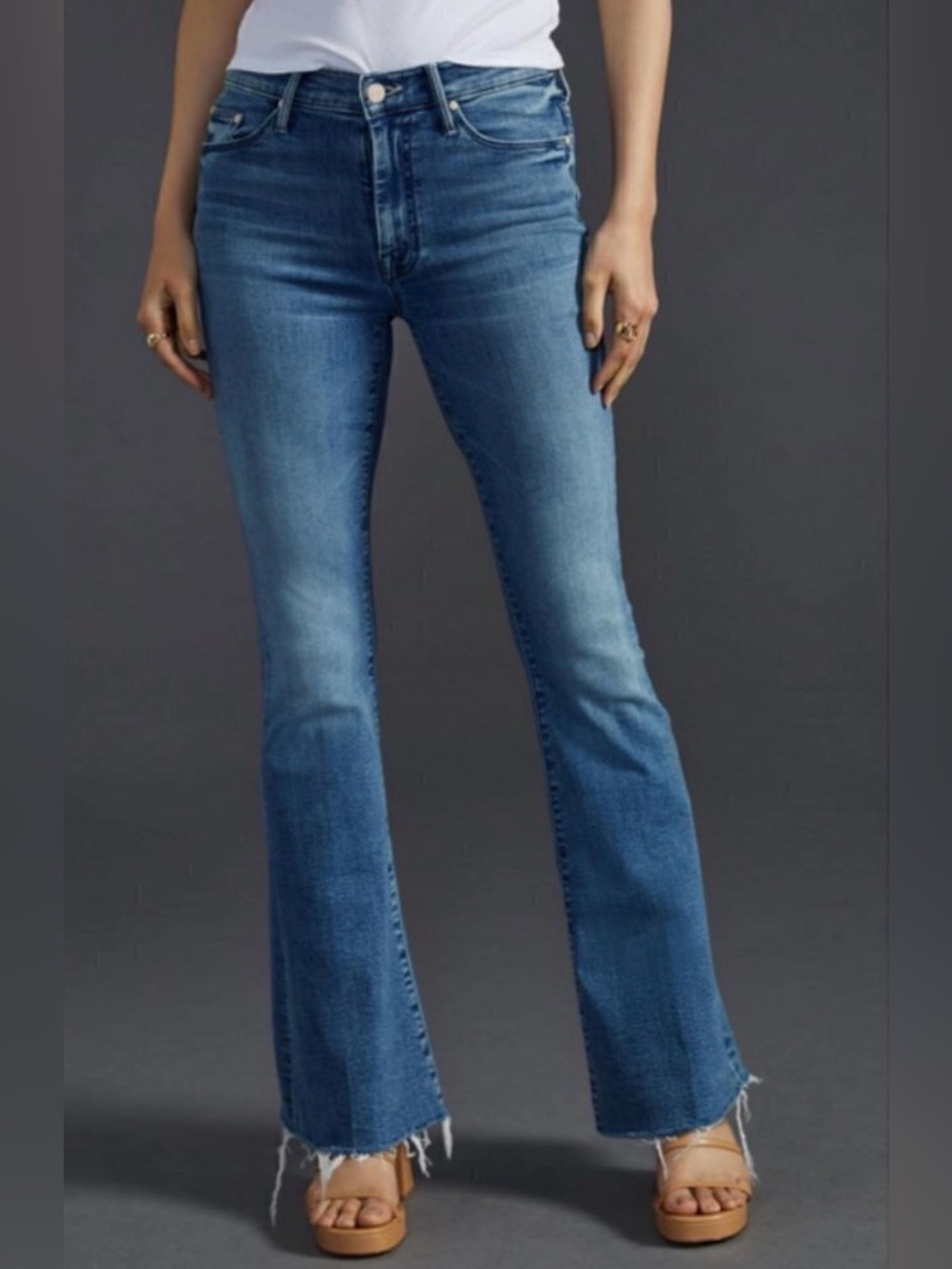 MOTHER The Weekender Fray High-Rise Flare Jeans "I Wet My Plants" (30)